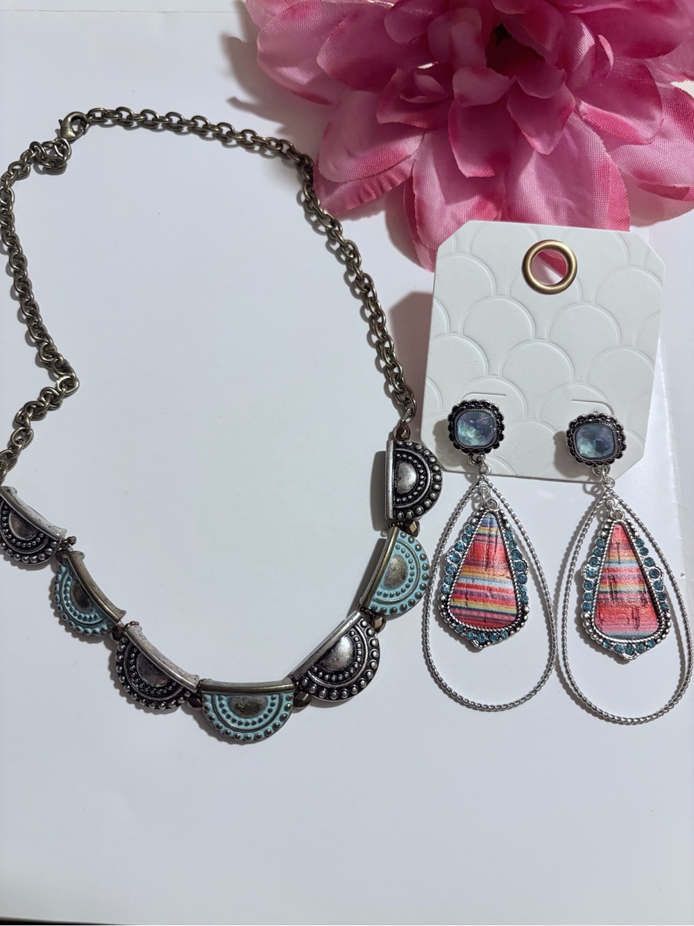 Boho Turquoise Accent Necklace and Pink Striped Teardrop Earrings Set